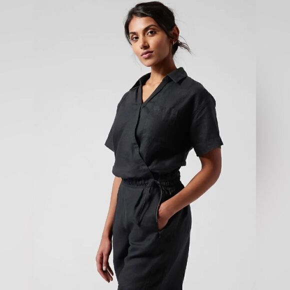 Athleta Women’s Tie Top Short Sleeve 100% Linen Borealis Green Size Medium $79 - Picture 11 of 15